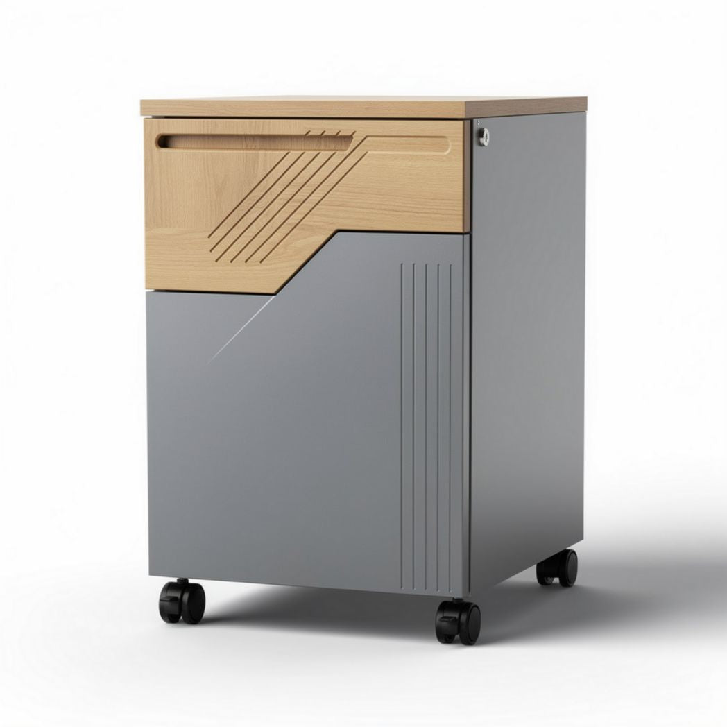Wood and metal mobile filing cabinet with drawer and wheels 50 x 40 x 60cm