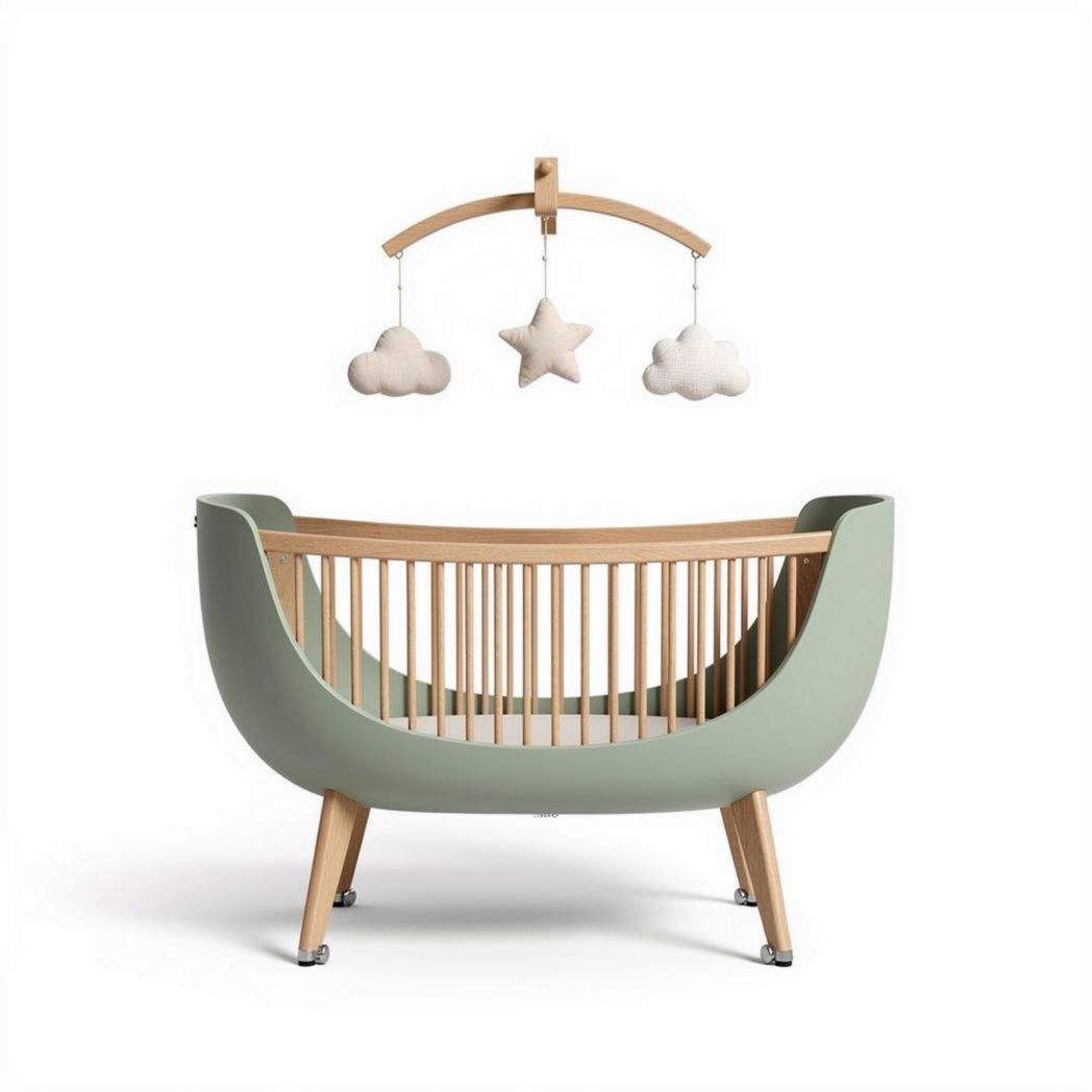 Modern wooden crib with removable mobile in soft green finish 90 x 60 x 80cm