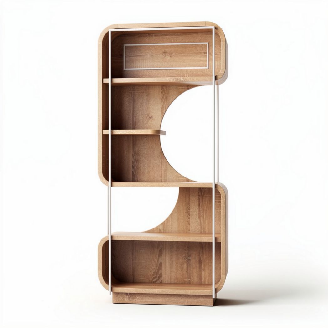 Wooden bookshelf with circular cutouts and white metal frame 120 x 60 x 30cm