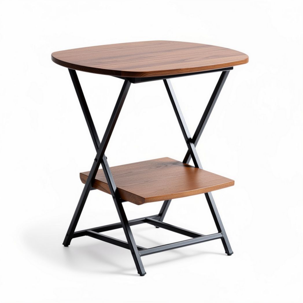 Foldable wooden side table with metal frame and storage shelf 60 x 50 x 55cm