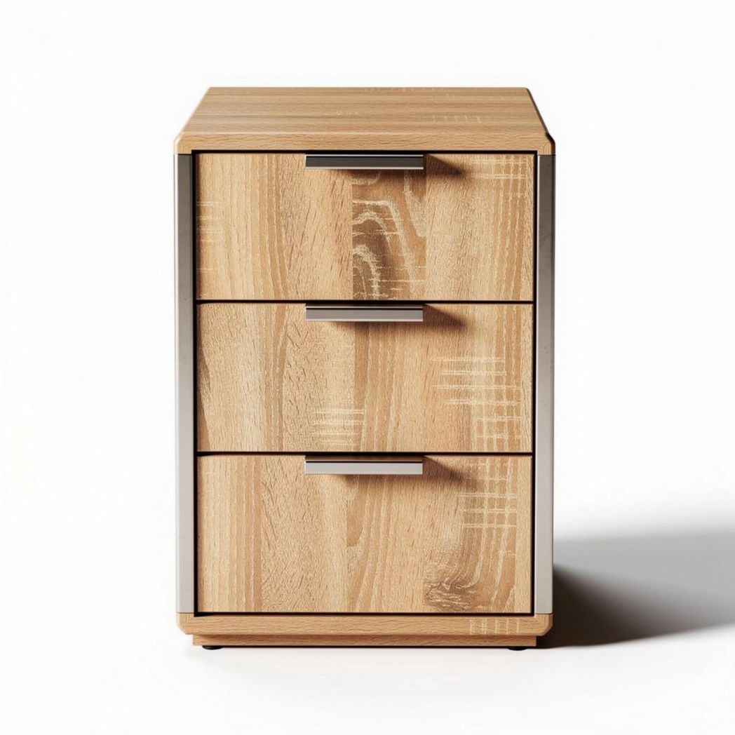 Wooden nightstand with three drawers and metal accents 40 x 50 x 60cm