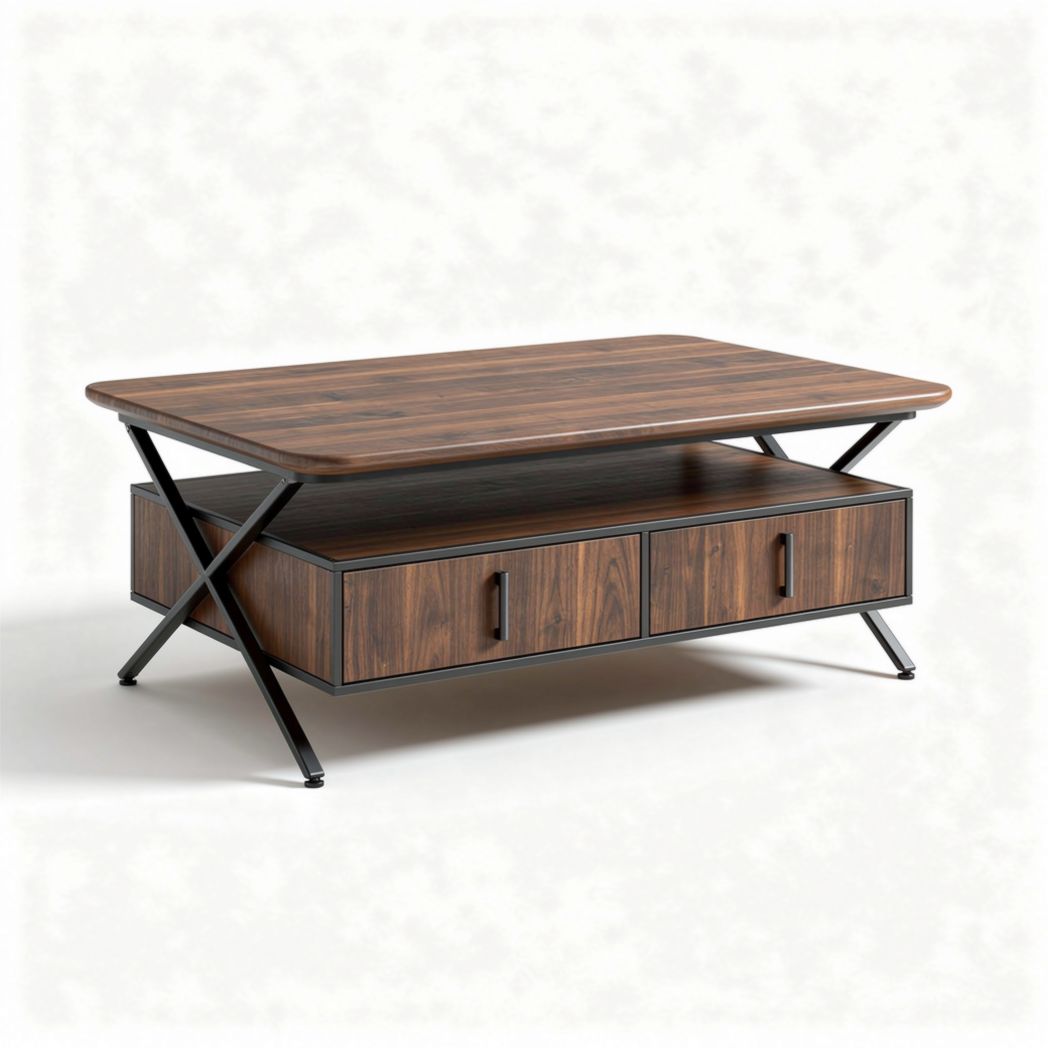 Wooden coffee table with storage drawers and metal frame 120 x 60 x 40cm