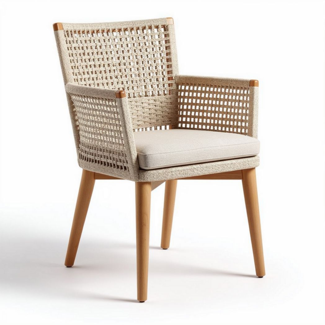 Woven armchair with wooden legs and cushioned seat in natural color 50 x 55 x 80cm