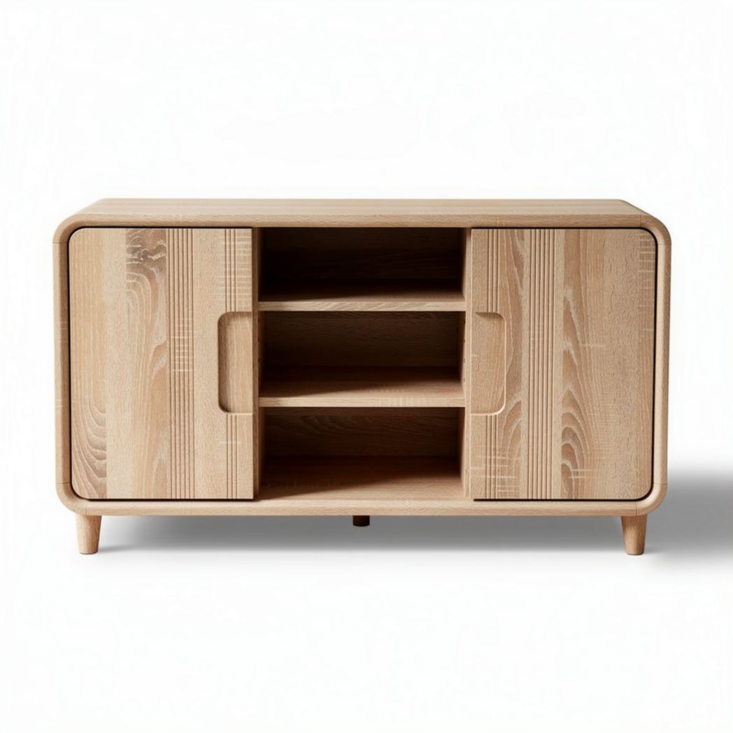 Solid wood media console cabinet with open shelves and sliding doors 90 x 40 x 60cm